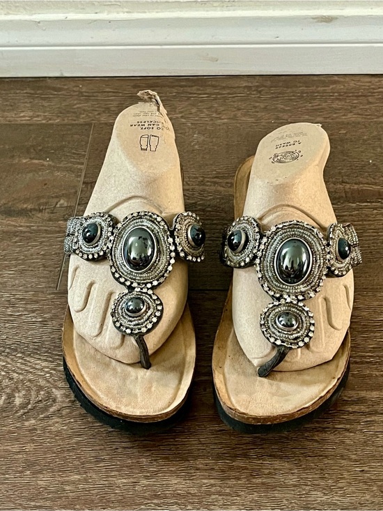 Shoes - Embellished Black Bead Thong Sandals - Women